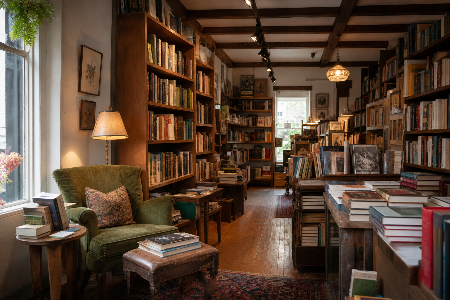 Warm wooden bookshop aisle with a reading chair and packed shelves