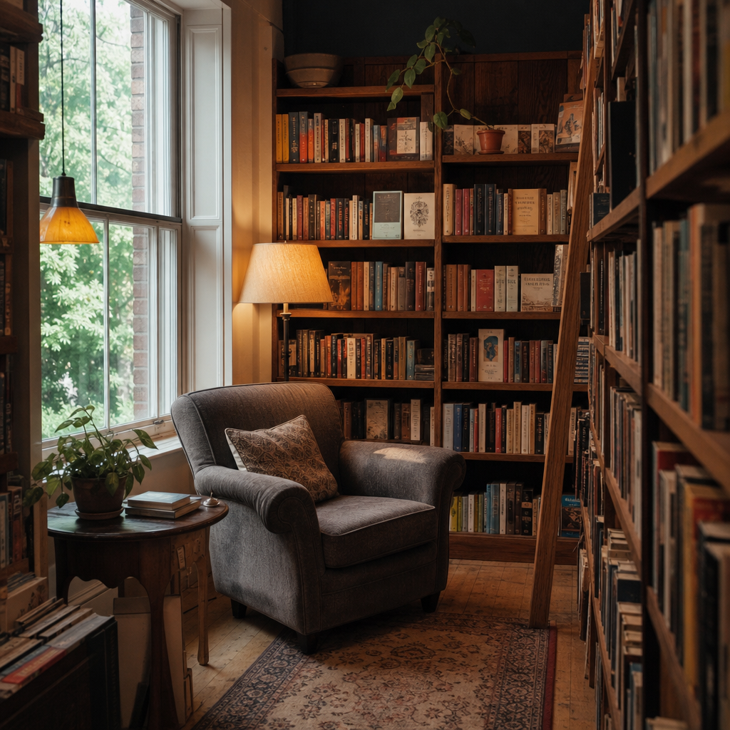 Reading nook beside packed bookstore shelves