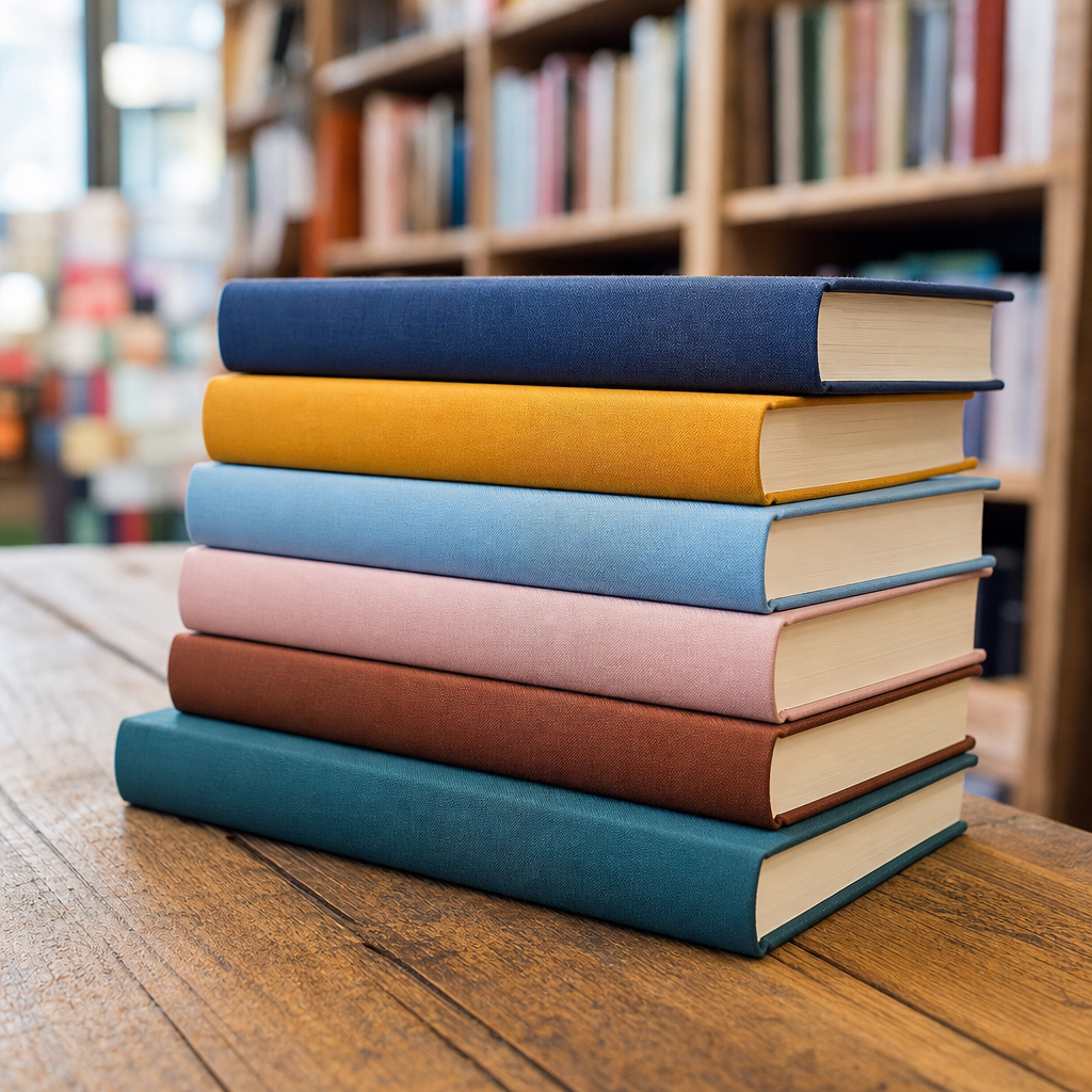Cloth-bound hardcover stack in teal, chestnut, and navy