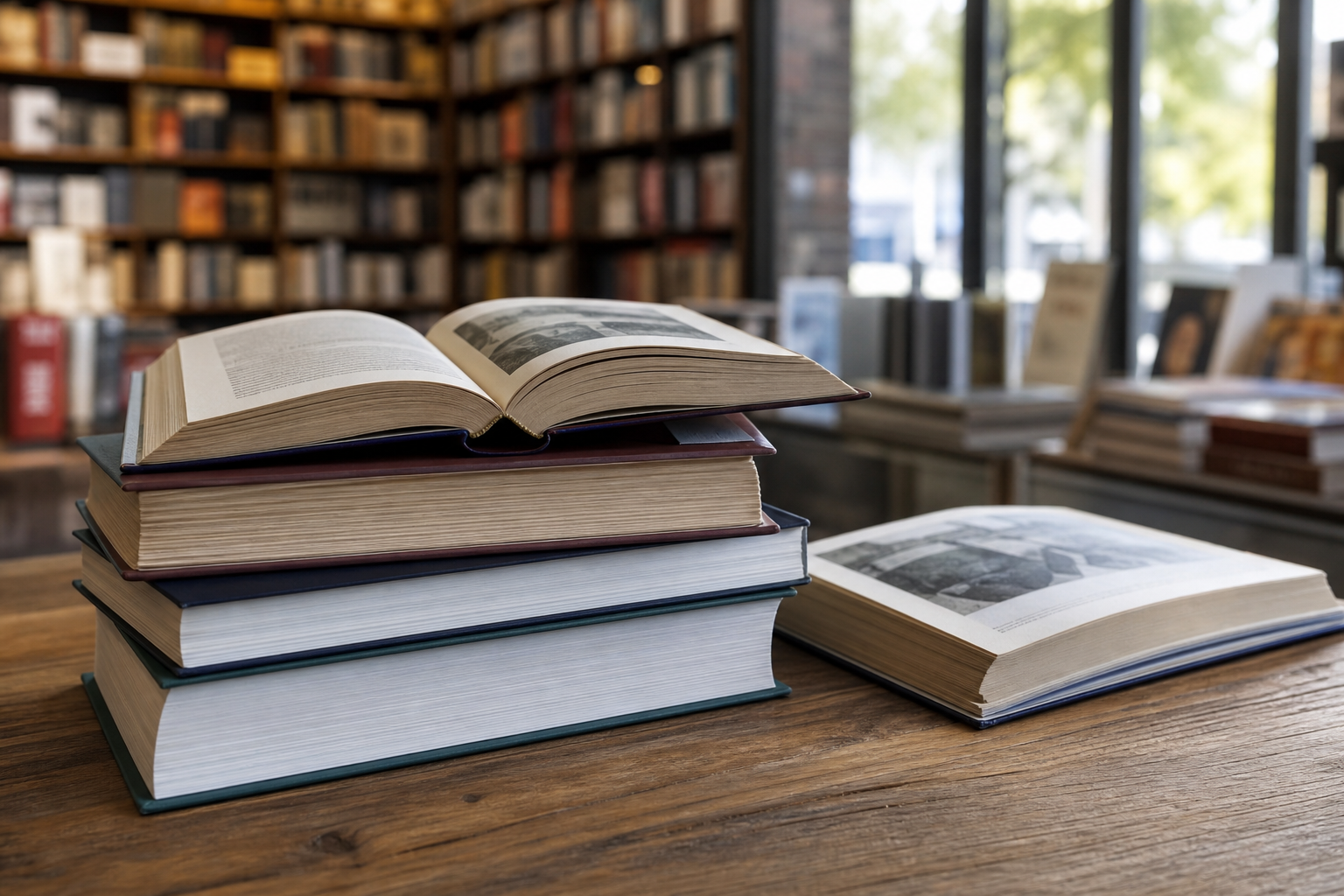 Open hardcovers stacked on a wooden table with shelves behind