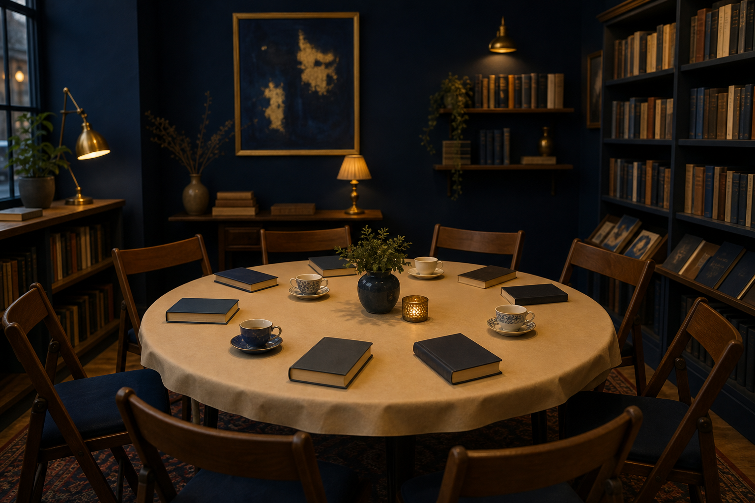 Books and cups arranged for a reading gathering