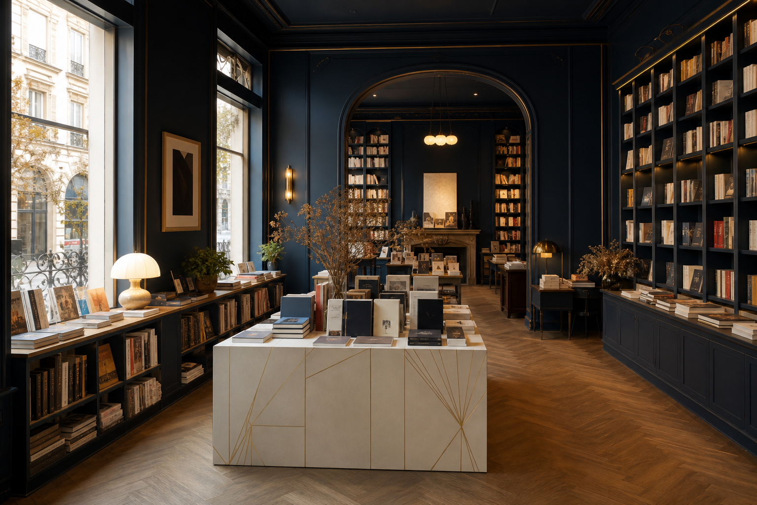 Bookstore interior with display island and tall shelves