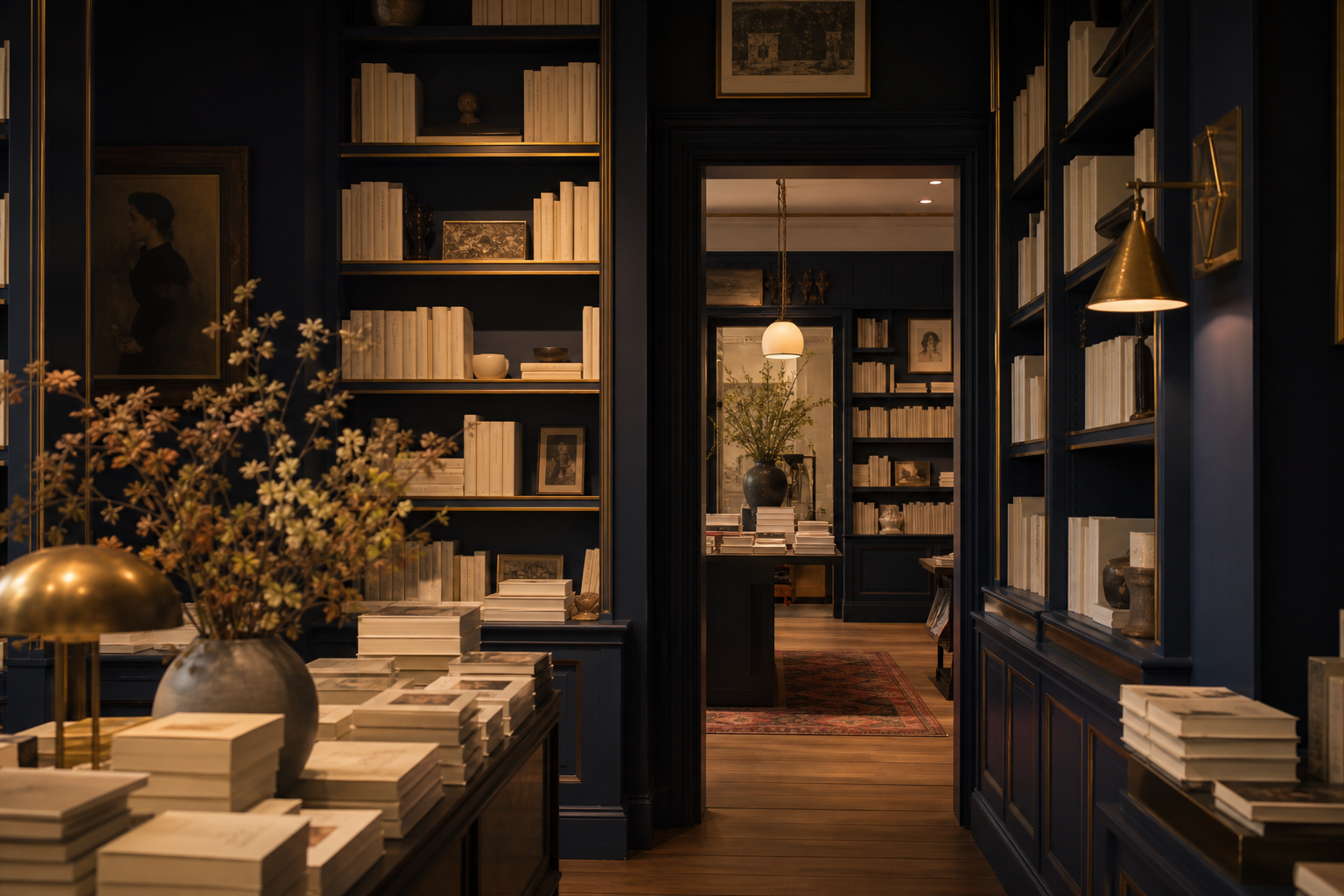 Deep bookstore rooms lined with floor-to-ceiling shelves