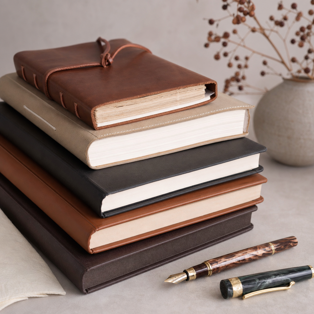 Stack of notebooks and paper goods on a wooden desk