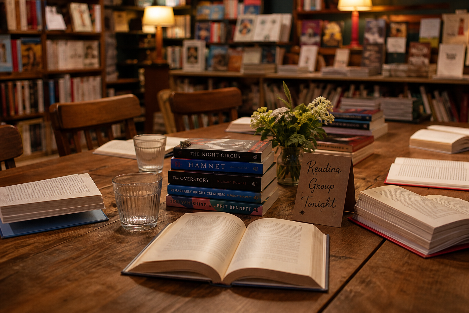 Books and papers laid out for a reading gathering