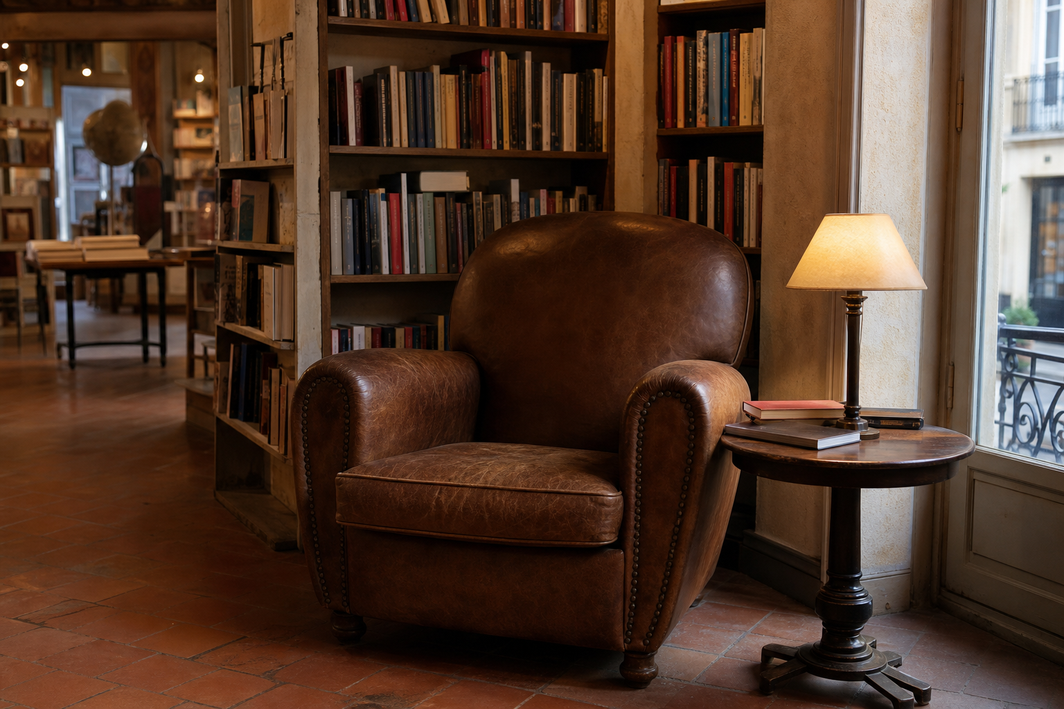 Leather armchair and lamp in a quiet reading corner