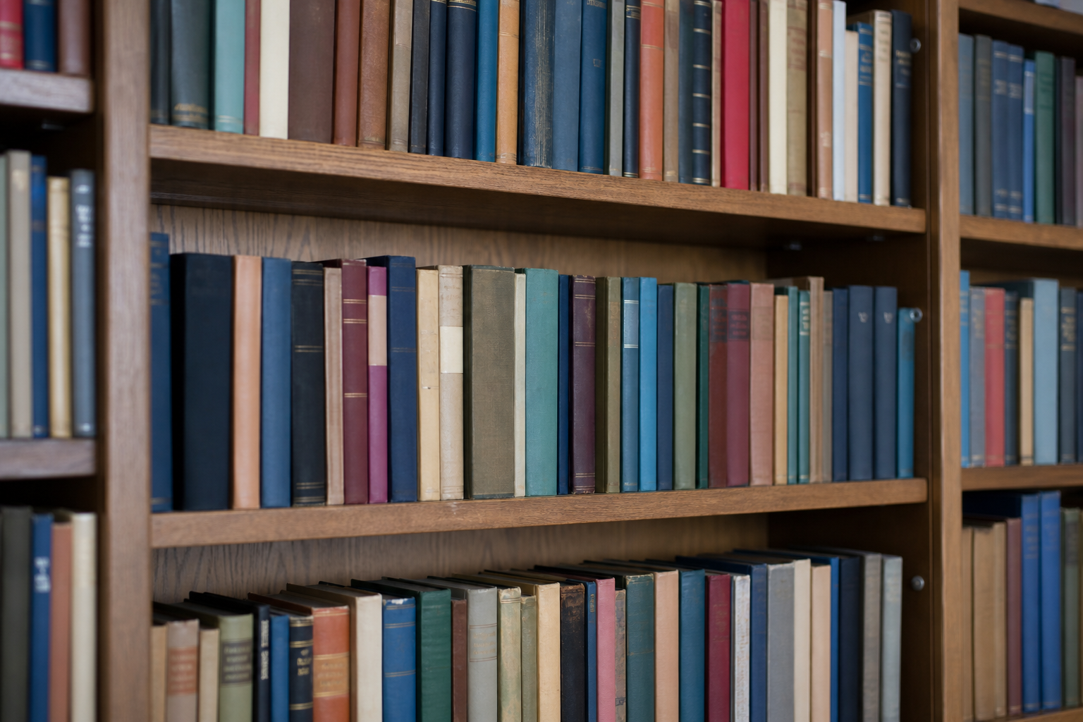 Wooden shelves densely packed with books