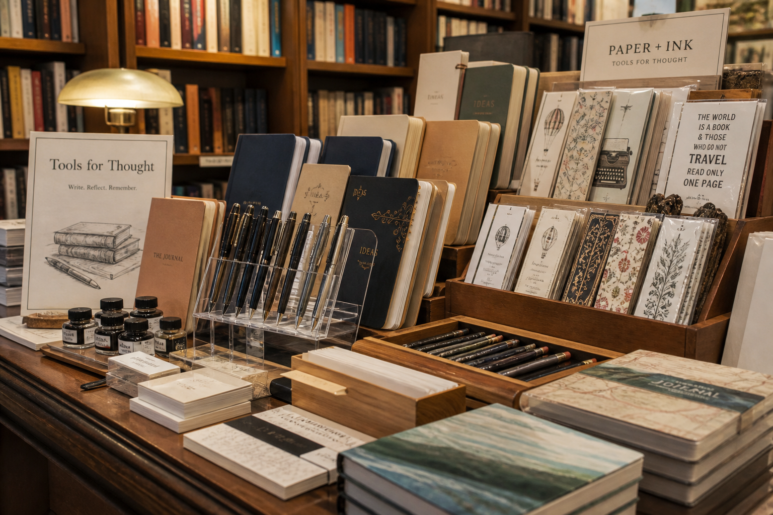 Notebooks, pens, and ink on a wooden stationery display